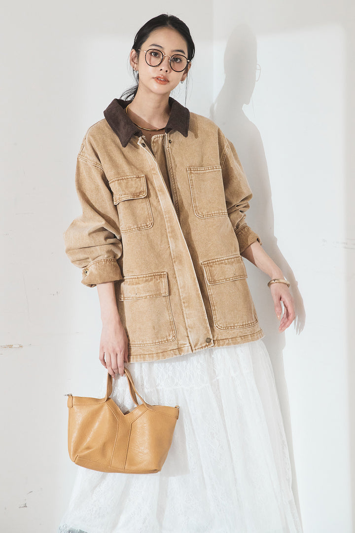 [SET]襟コーデュロイジップデニム調カバーオール+ひげレース切替ロング丈スカート(2set)