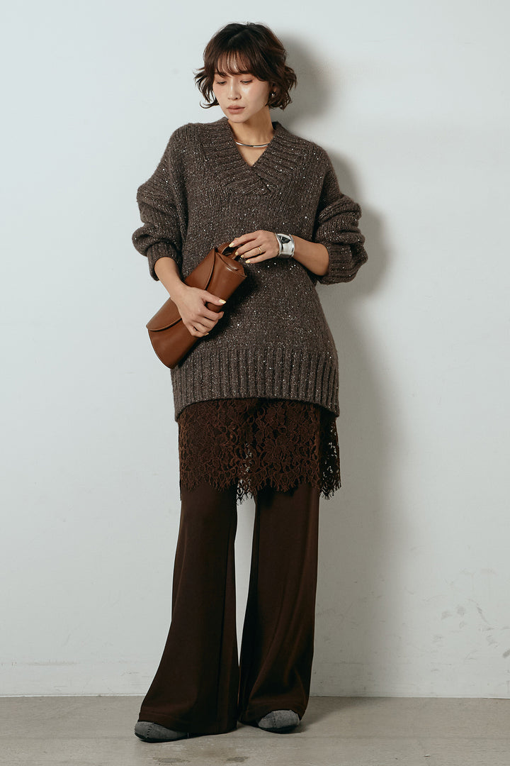 [SET]Vネックラメニットトップス+レース刺繍レイヤードフレアパンツ(2set)
