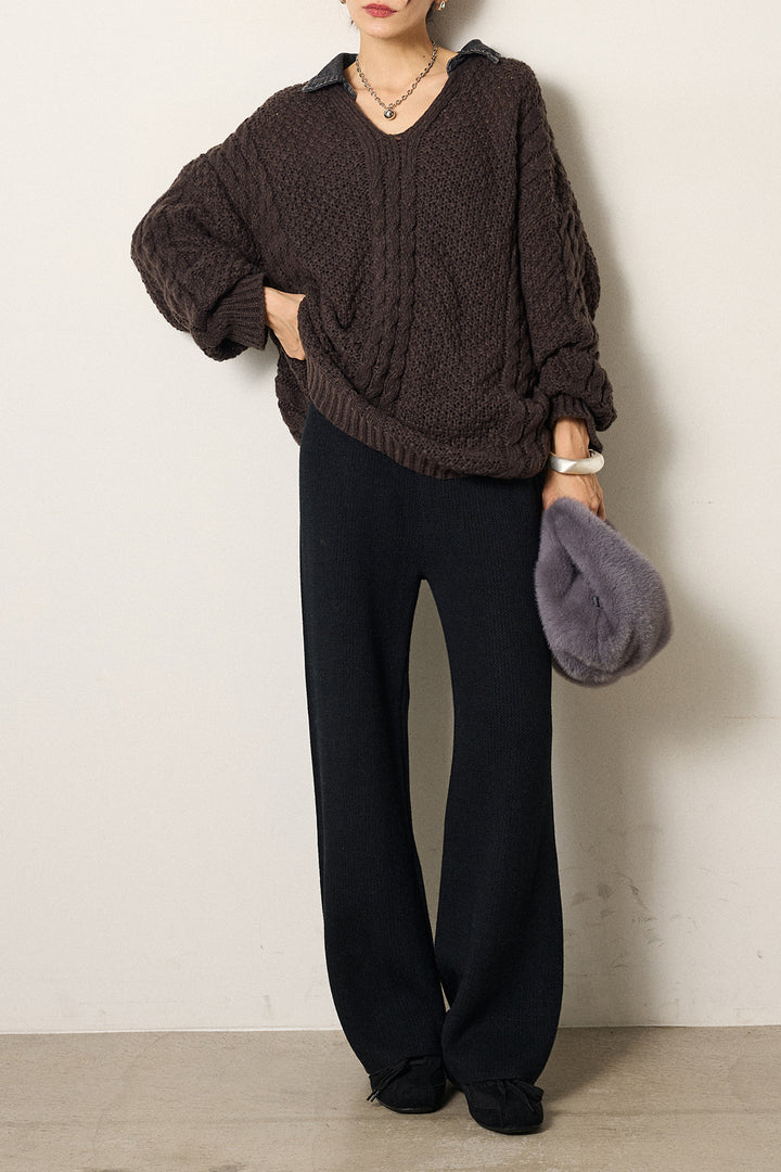 [SET]デニムカラーケーブルオーバーニット+ワイドリブニットイージーパンツ(2set)