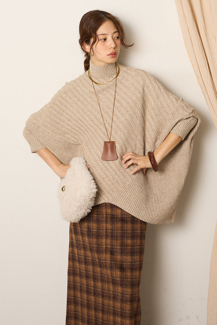 [SET]アシメデザインリブポンチョニットトップス+シャギーチェックストレートスカート(2set)