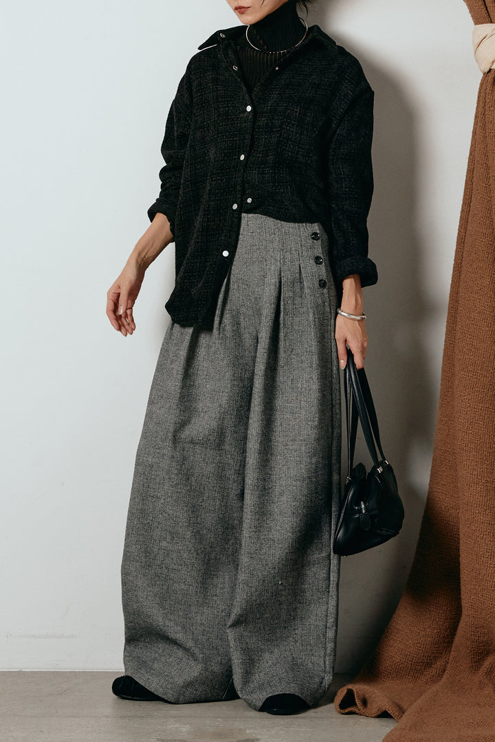 [SET]ルーズクラッシュツイルシャツ+サイドボタンツイードタックパンツ(2set)