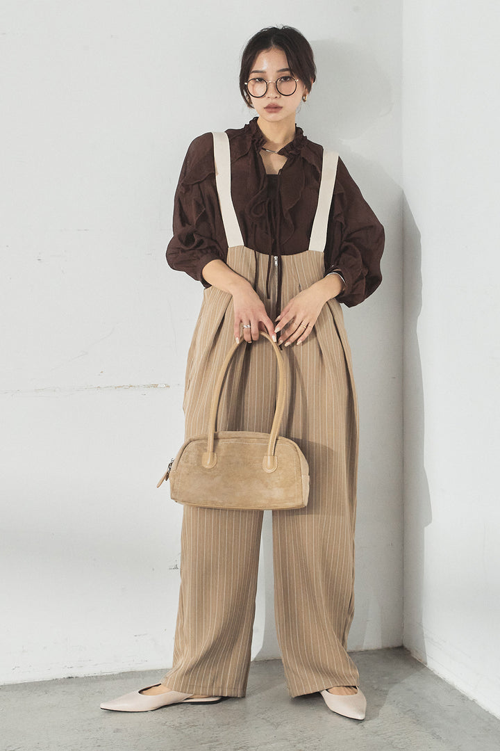 [SET]フロントリボンフリルブラウス+ピンストライプツータックサロペット(2set)