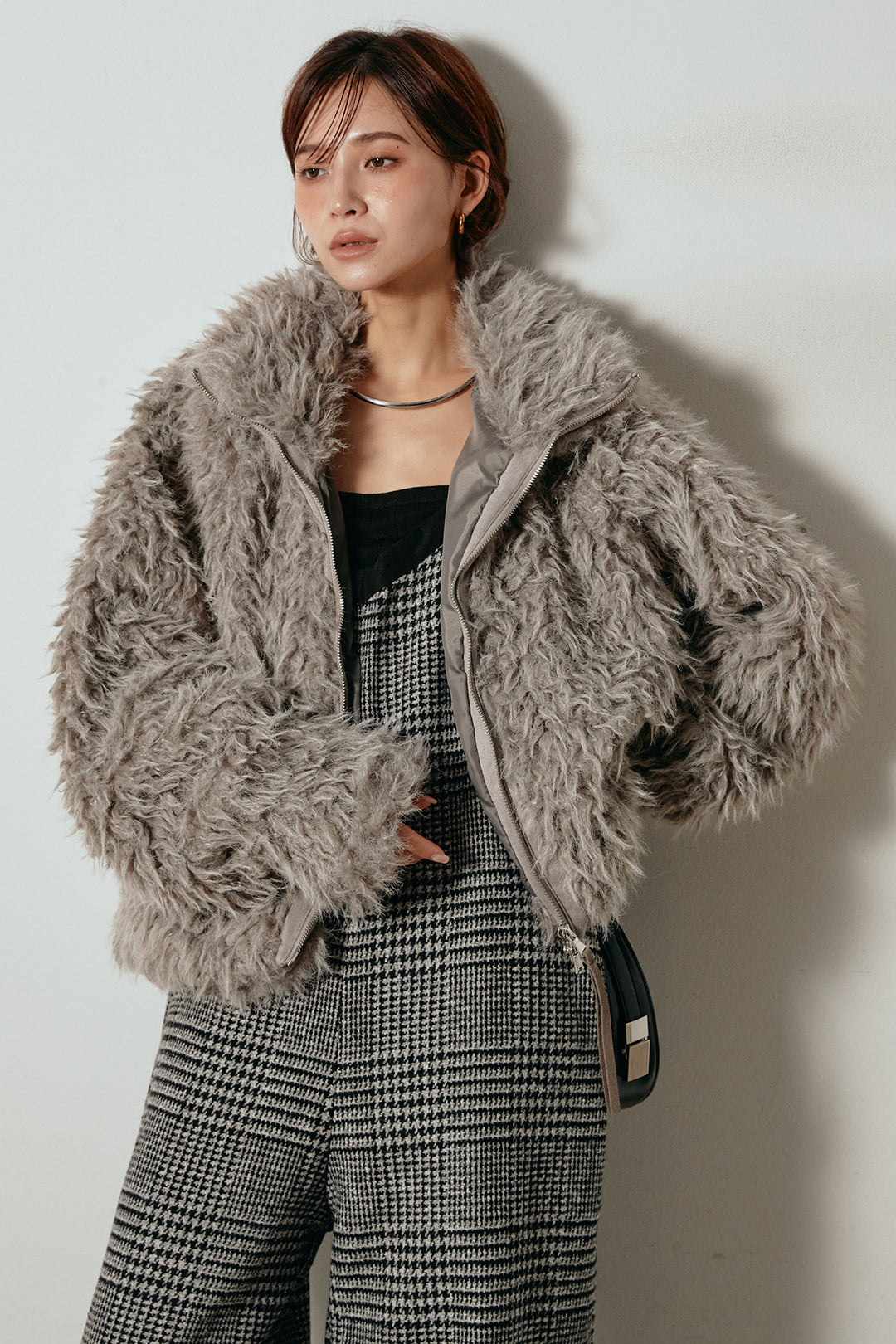 [SET]ミックスシープファースタンドブルゾン+前後2wayグレンチェック柄スカーチョサロペット(2set)