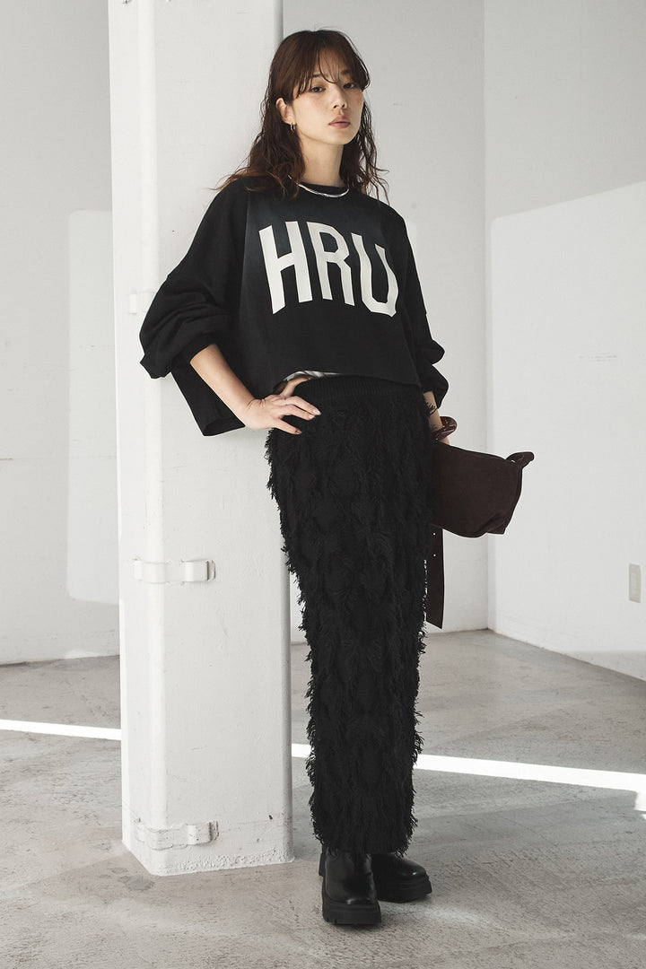 [SET]ビッグロゴHRU袖ボリュームトップス+カットフリンジニットタイトスカート(2set)