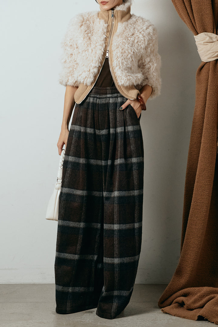 [SET]ハイネックショート丈ボアジップブルゾン+起毛タータンチェック柄ワイドパンツ(2set)