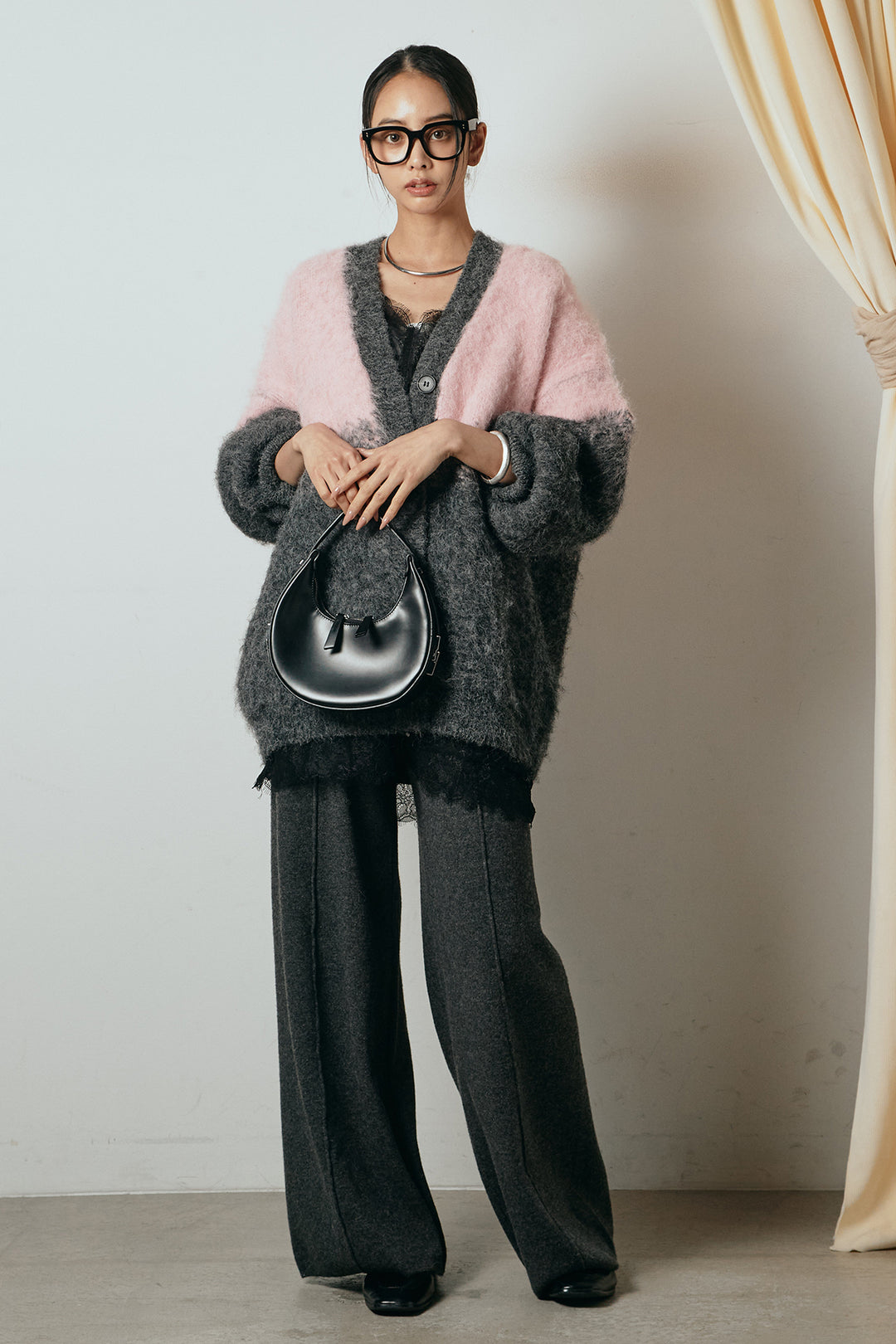 [SET]起毛グラデーションニットカーディガン+レース切り替えキャミソール(2set)