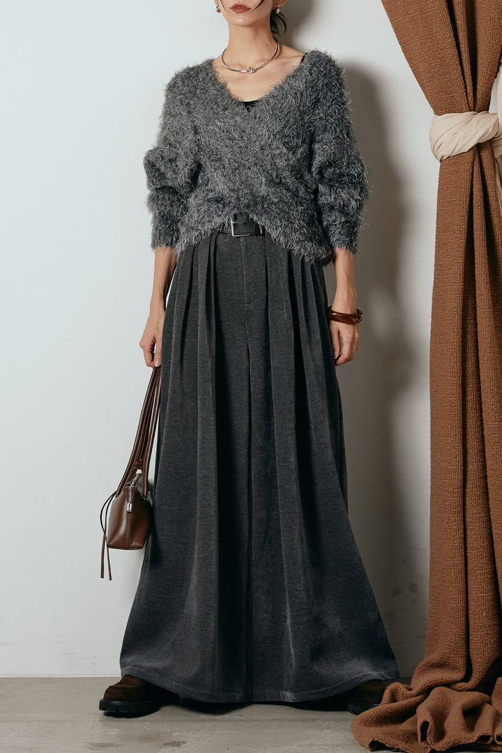 [SET]シャギークロスニットトップス+ベルトループコーデュロイワイドパンツ(2set)