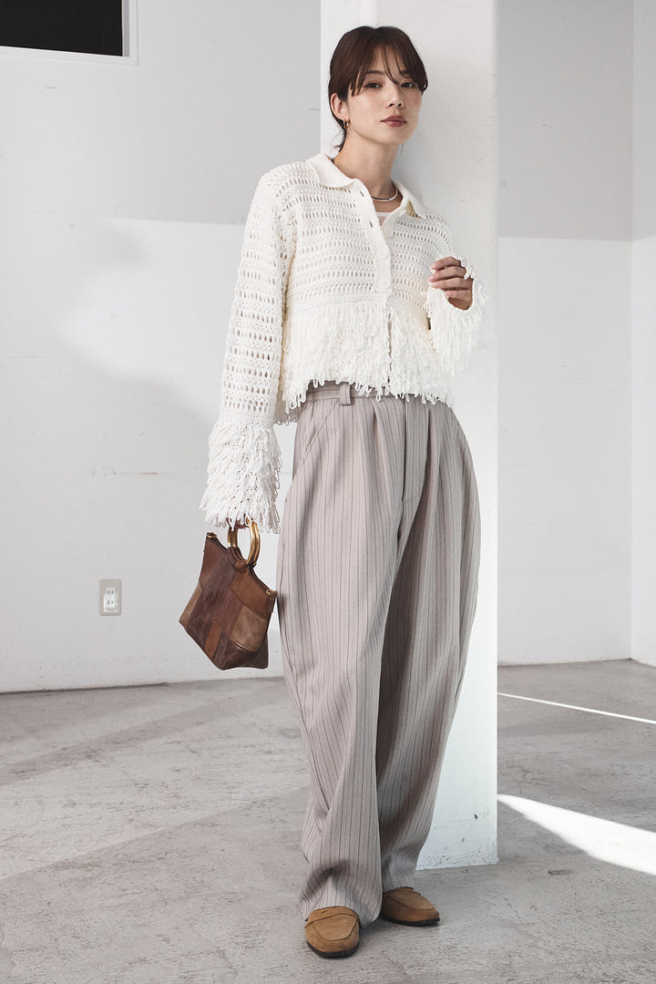 [SET]メッシュフリンジカーディガン+ヘリンボーンストライプツータックパンツ(2set)