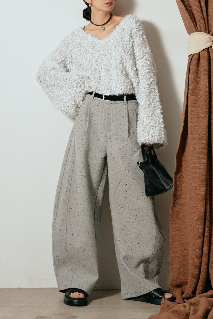 [SET]深Vネックチョウチョヤーンニットトップス+ベルト付きネップツイードカーブパンツ(2set)