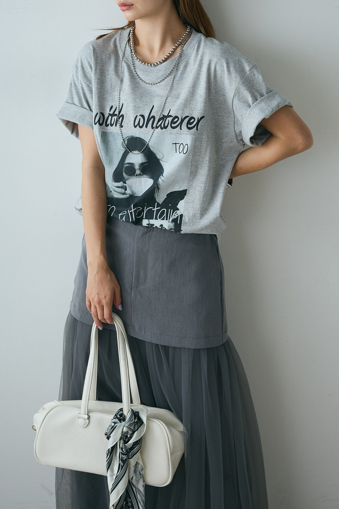 [SET]モノトーンフォトプリントTシャツ+切り替えデザインボリュームチュールスカート(2set)