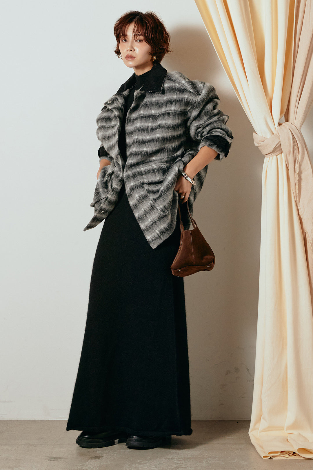 [SET]チェックシャギーミドルカバーオール+ノースリーブニットロングワンピース(2set)