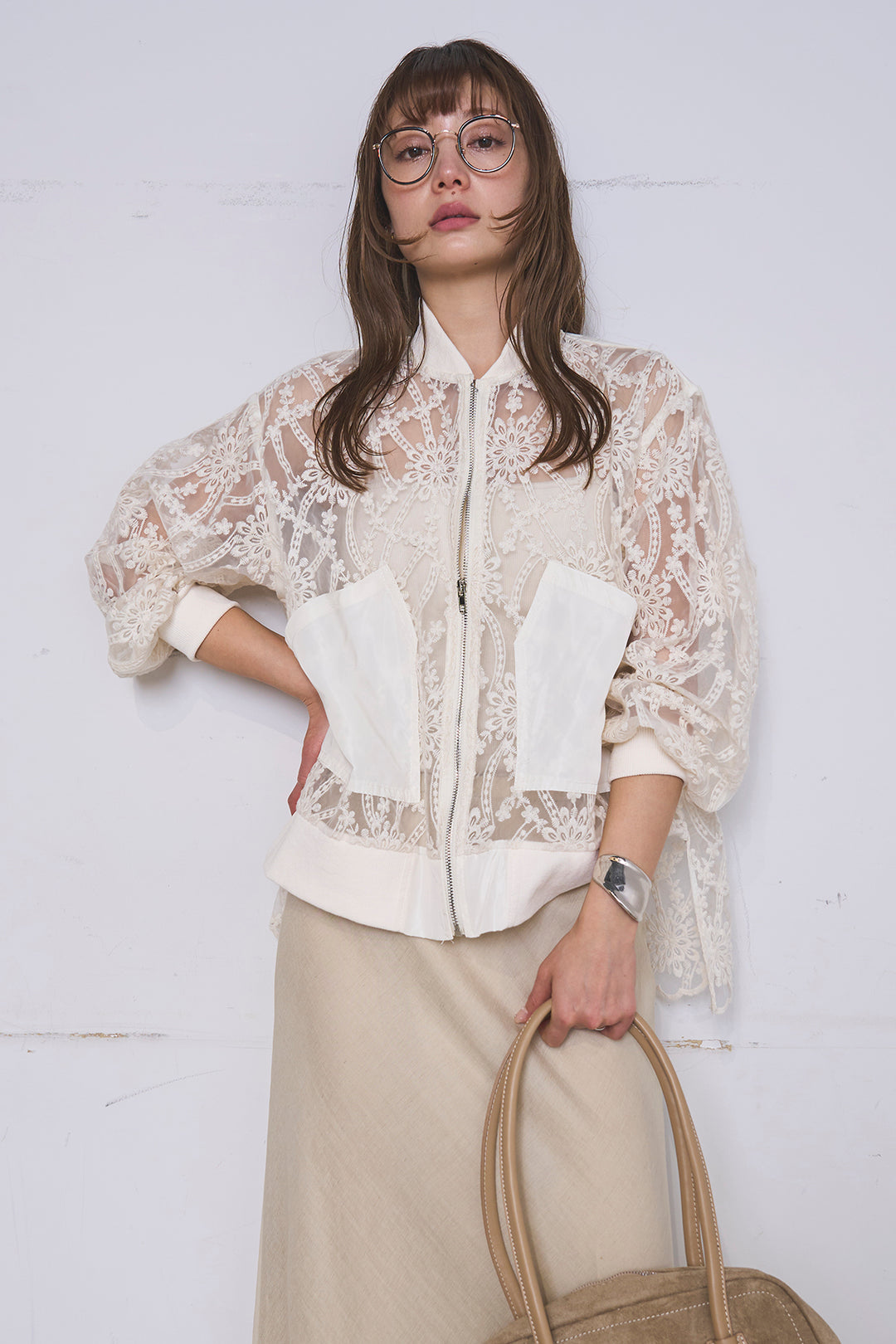 [SET]ノーカラーレースブルゾン+リネンブレンドロングナロースカート(2set)