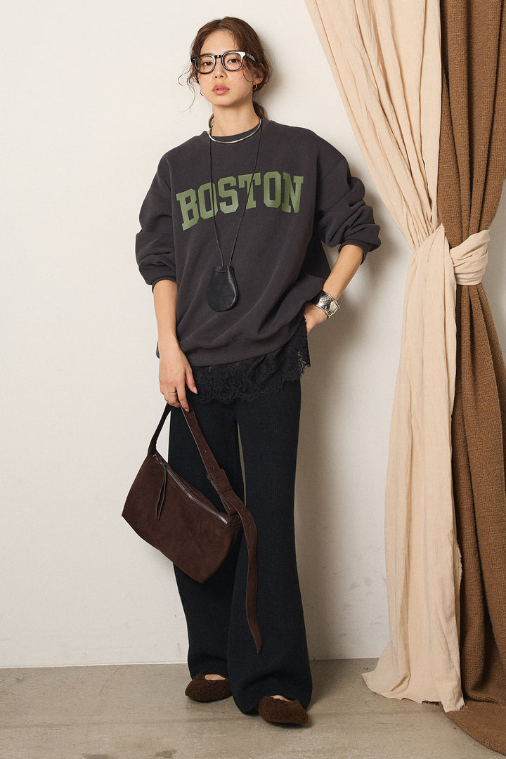 [SET]ロゴデザインルーズスウェット+レースサテンキャミソール+ワイドリブニットイージーパンツ(3set)