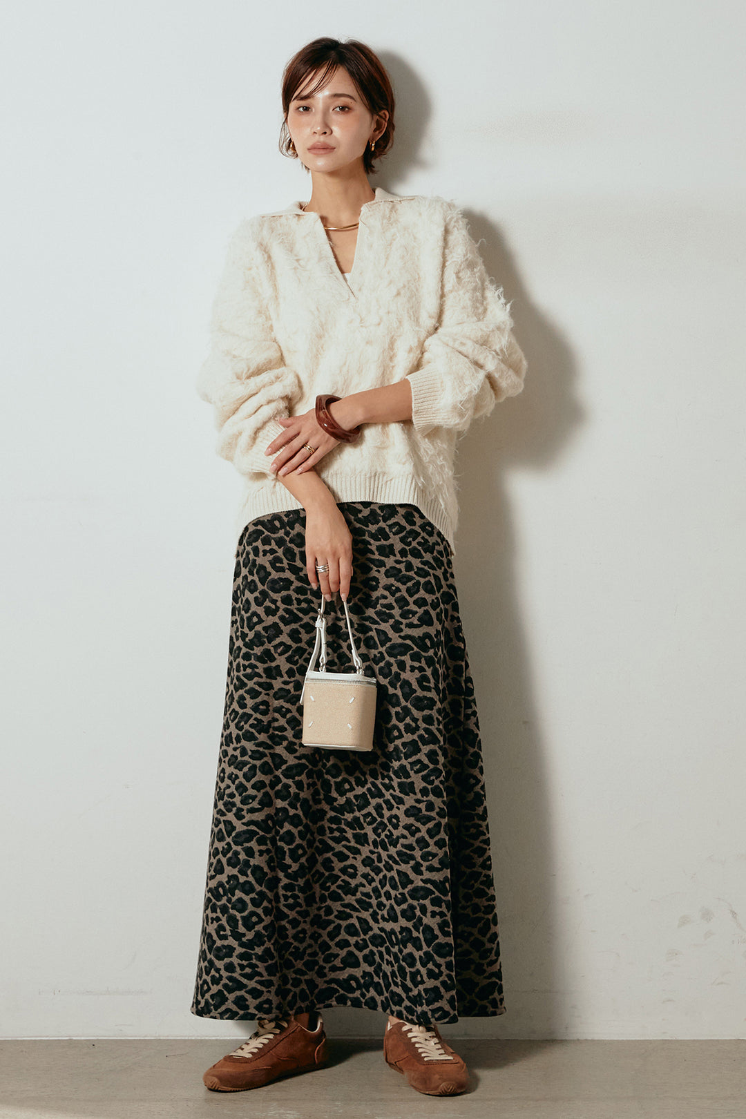 [SET]襟付きシャギーニットポロトップス+レオパードロングスカート(2set)