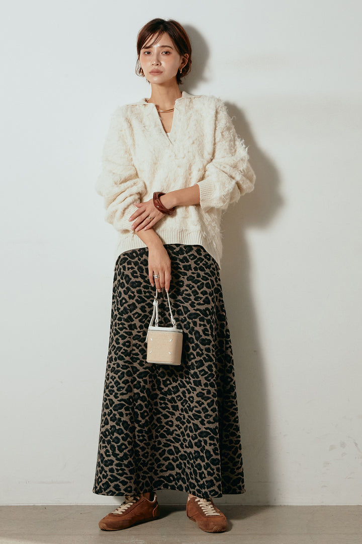 [SET]襟付きシャギーニットポロトップス+レオパードロングスカート(2set)