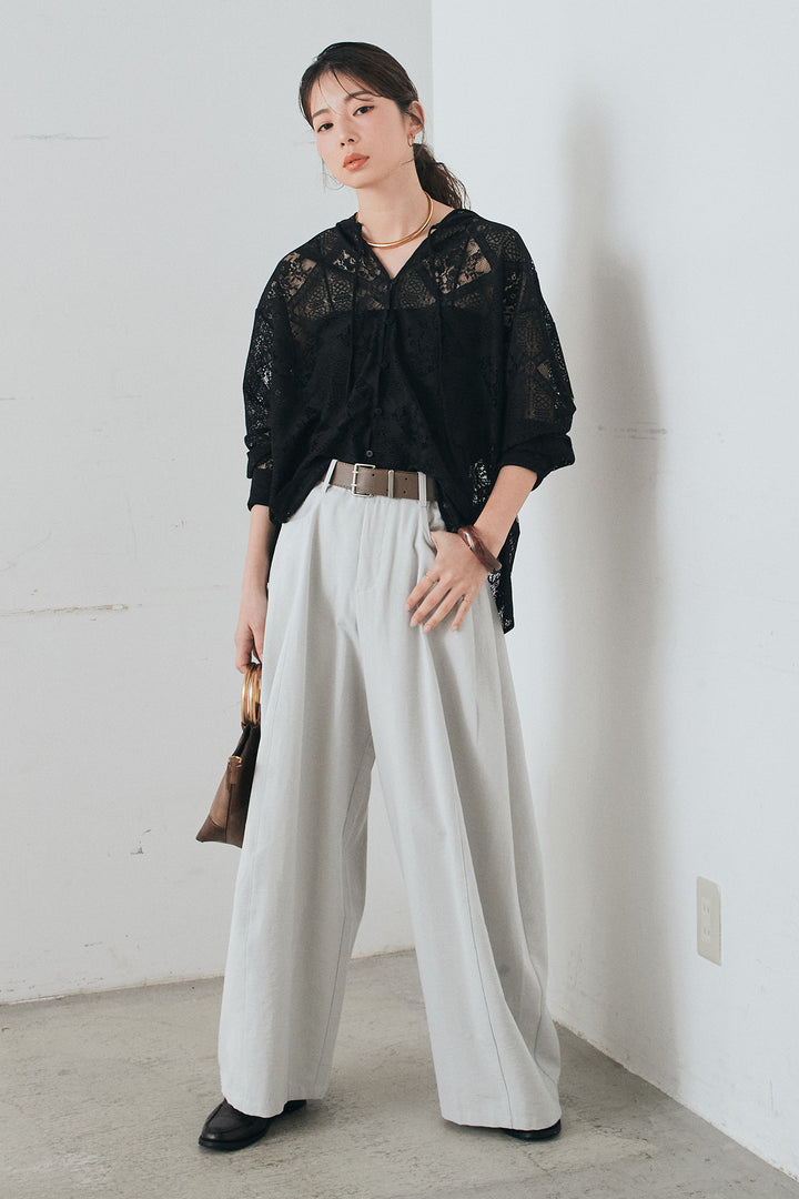 [SET]ブロックレースフード付きブラウス+ベルト付きサイドタックワイドパンツ(2set)