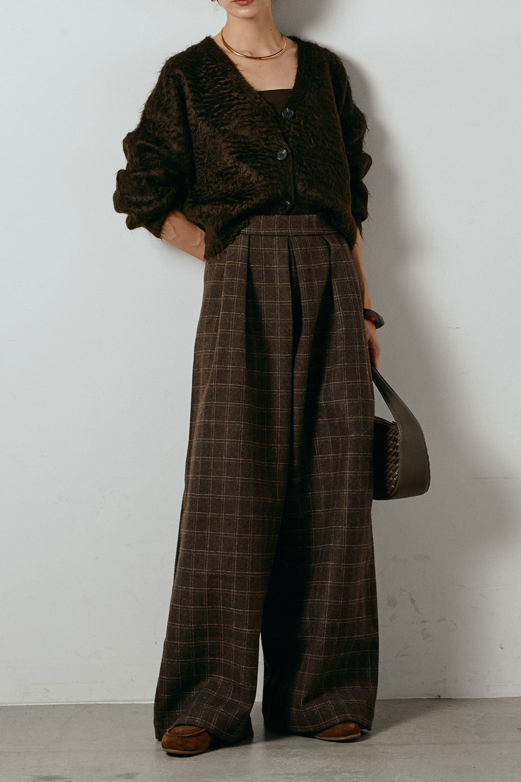 起毛ボタンニットカーディガン/コーヒー