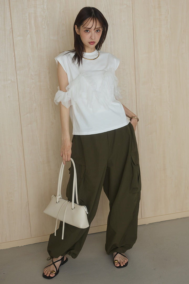 [SET]チュールフリルフレンチTシャツ+ルーズカーゴワイドパンツ(2set)