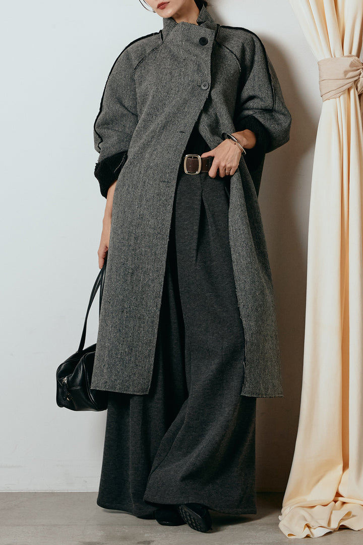 [SET]裏地ボアハイネックロングアウター+フェイクレザー太ベルト付きタックワイドパンツ(2set)