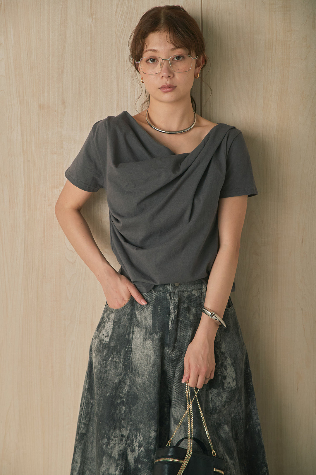 [SET]綿天竺半袖オフショルTシャツ+ニュアンスタイダイボリュームパンツ(2set)
