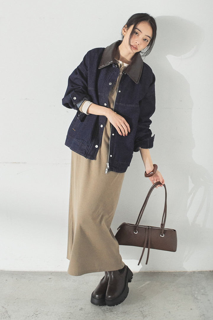 [SET]加工デニムレザー襟付きデニムブルゾン+カットリブレイヤードヘンリーネックワンピース(2set)