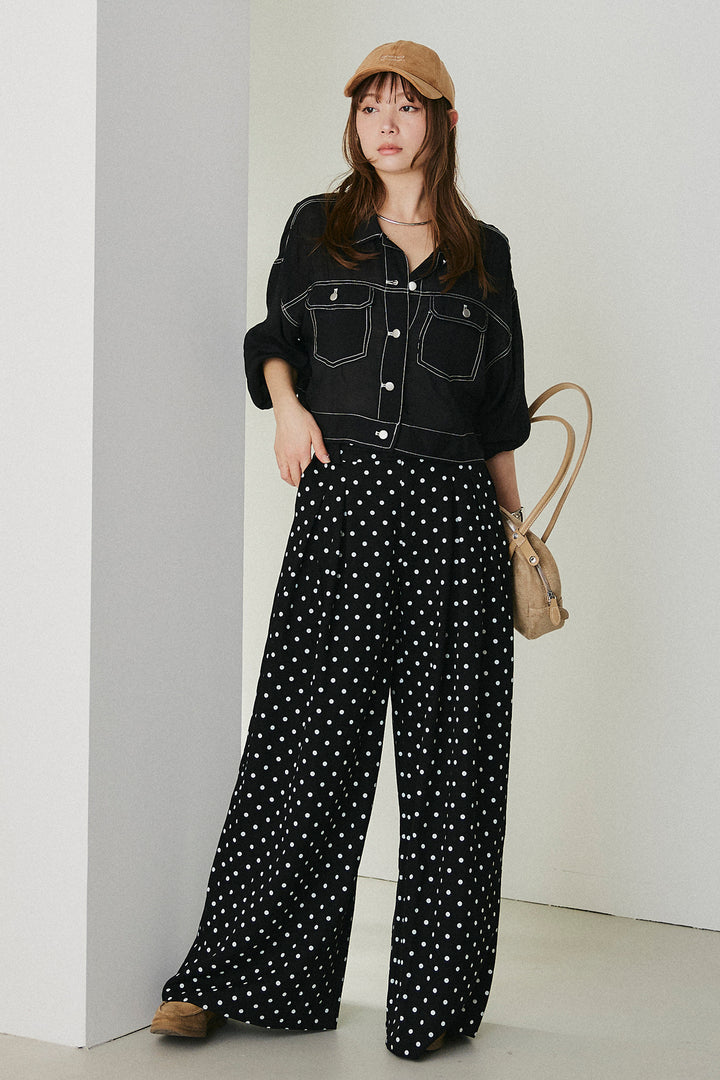 [SET]配色ステッチシアーシャツ+ベルト付きドット柄ワイドパンツ(2set)