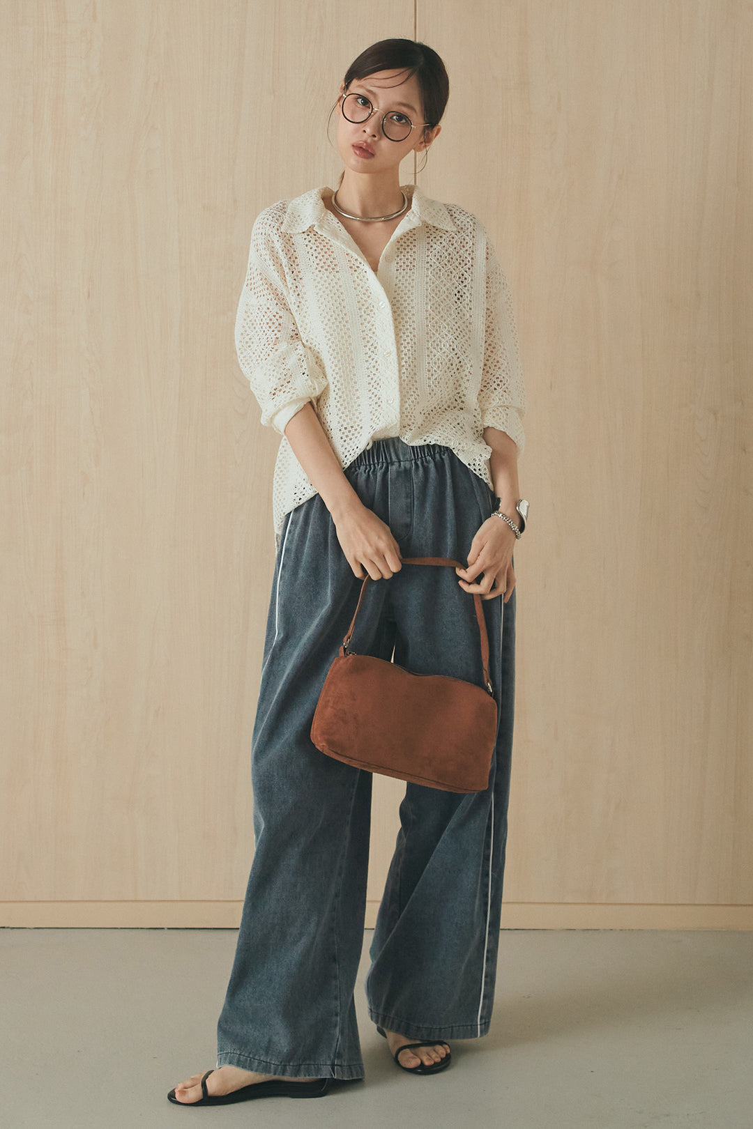 [SET]長袖襟付きレースシャツ+ドロストサイドラインデニムパンツ(2set)