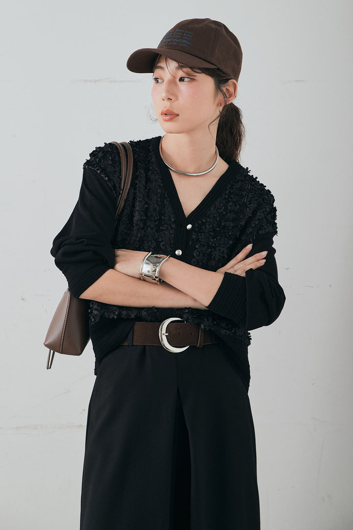 [SET]モコレースVネックカーディガン+太ベルト付きフロントタックパンツ(2set)