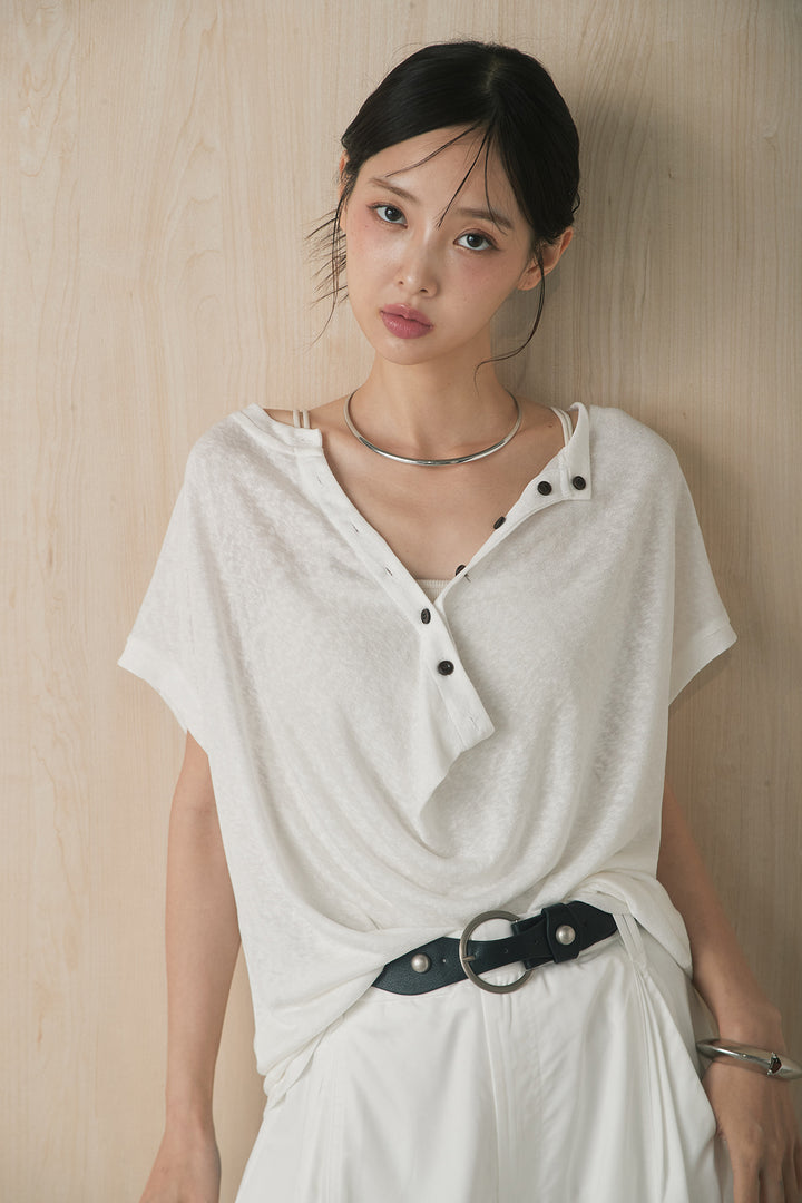 [SET]ヘンリーネックドレープカットソー+サークルバックルベルト付きタックワイドパンツ(2set)