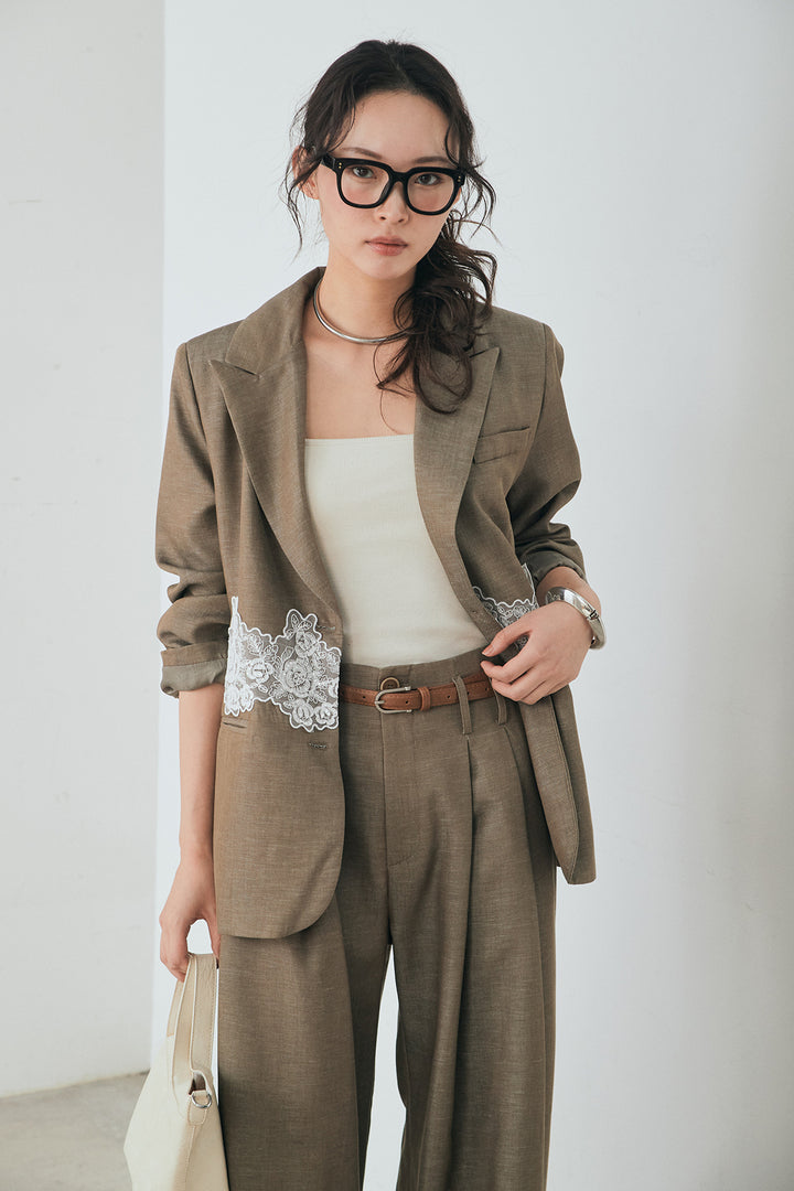 [SET]リネンタッチレースデザインジャケット+リネンタッチ細ベルト付きワイドパンツ(2set)