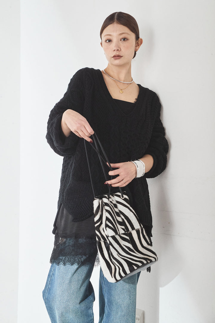 [SET]ケーブルVニットセーター+デニムサイドカットパンツ(2set)