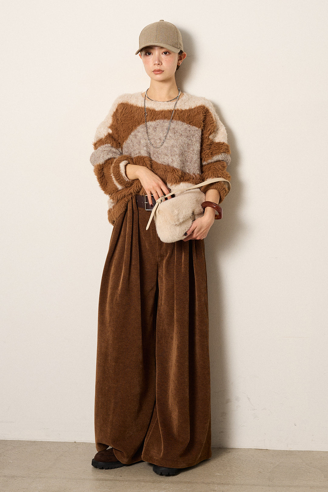 [SET]シャギーウェーブ柄クルーネックニットトップス+ベルトループコーデュロイワイドパンツ(2set)