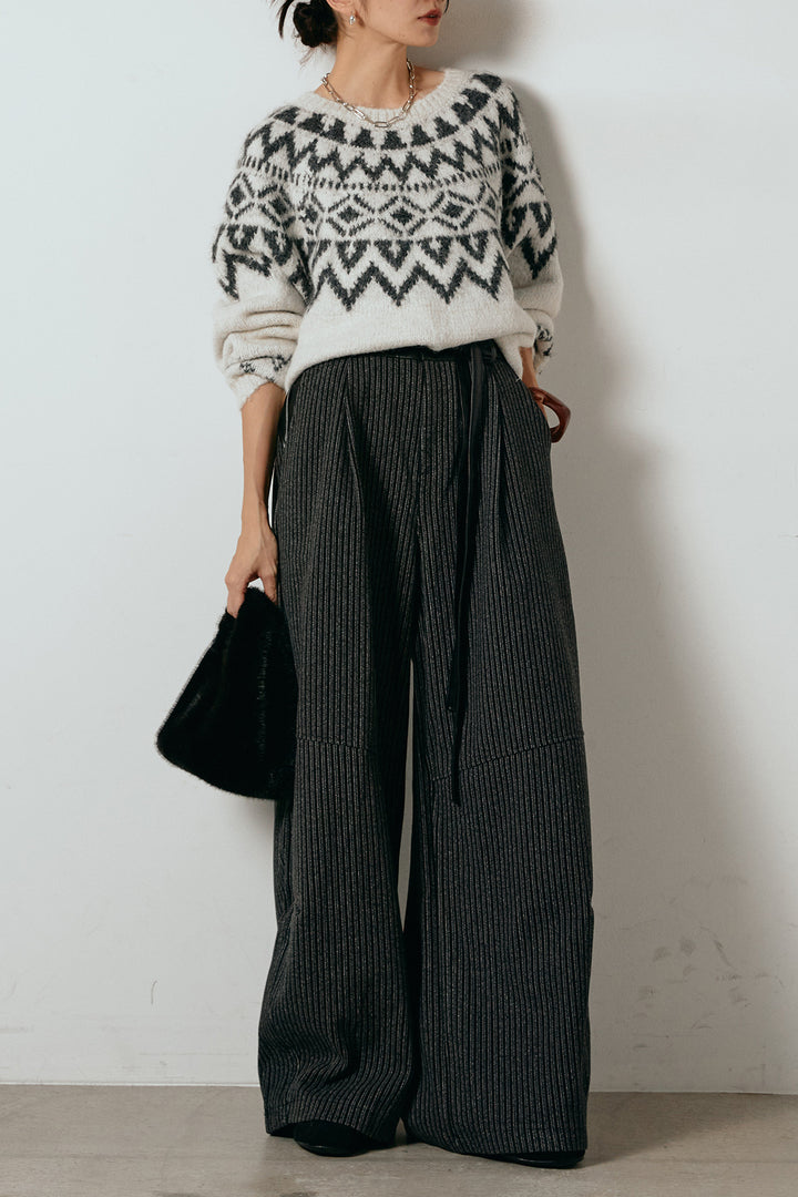 [SET]ノルディック柄Uネックプルオーバー+レザーライク配色ストライプパンツ(2set)