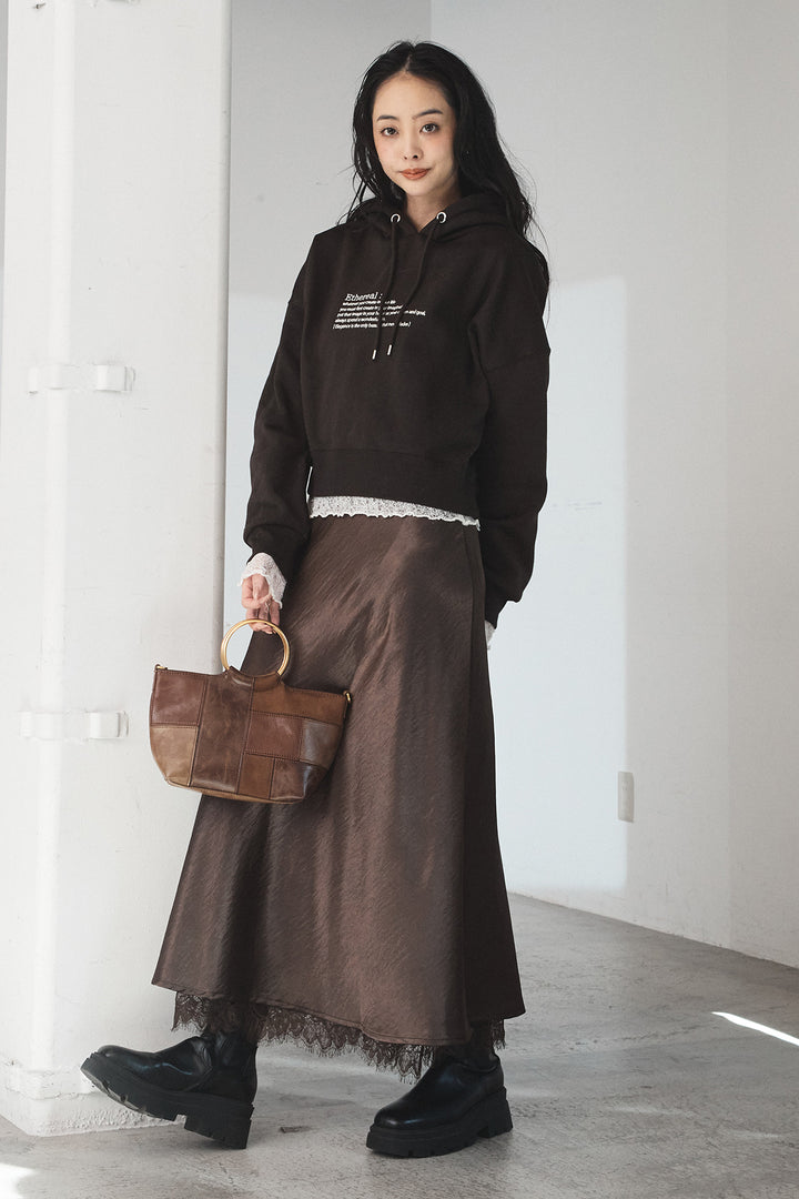 [SET]裏起毛レタリング刺繍フーディショートプルオーバー+ストレッチレースクルーネックインナー(2set)