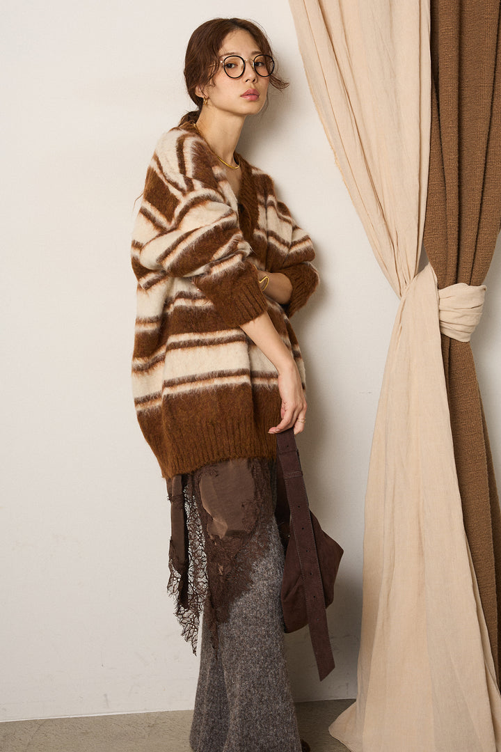 [SET]ルーズVネックボーダーニットトップス+杢ニットリブフレアパンツ(2set)