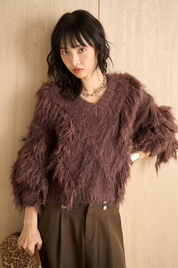 [SET]ランダムロングシャギーVネックニット+ナポレオンボタンデザインワイドパンツ(2set)