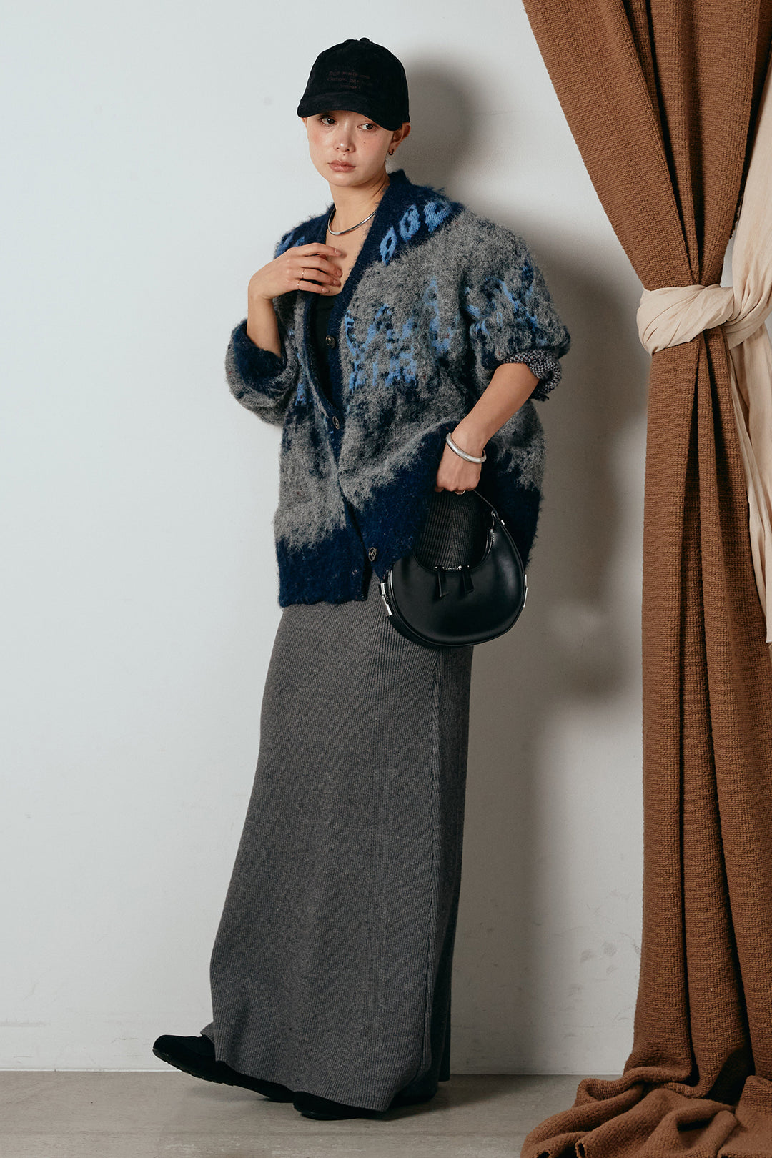 [SET]シャギーニュアンス柄ニットカーディガン+リブナローニットスカート(2set)