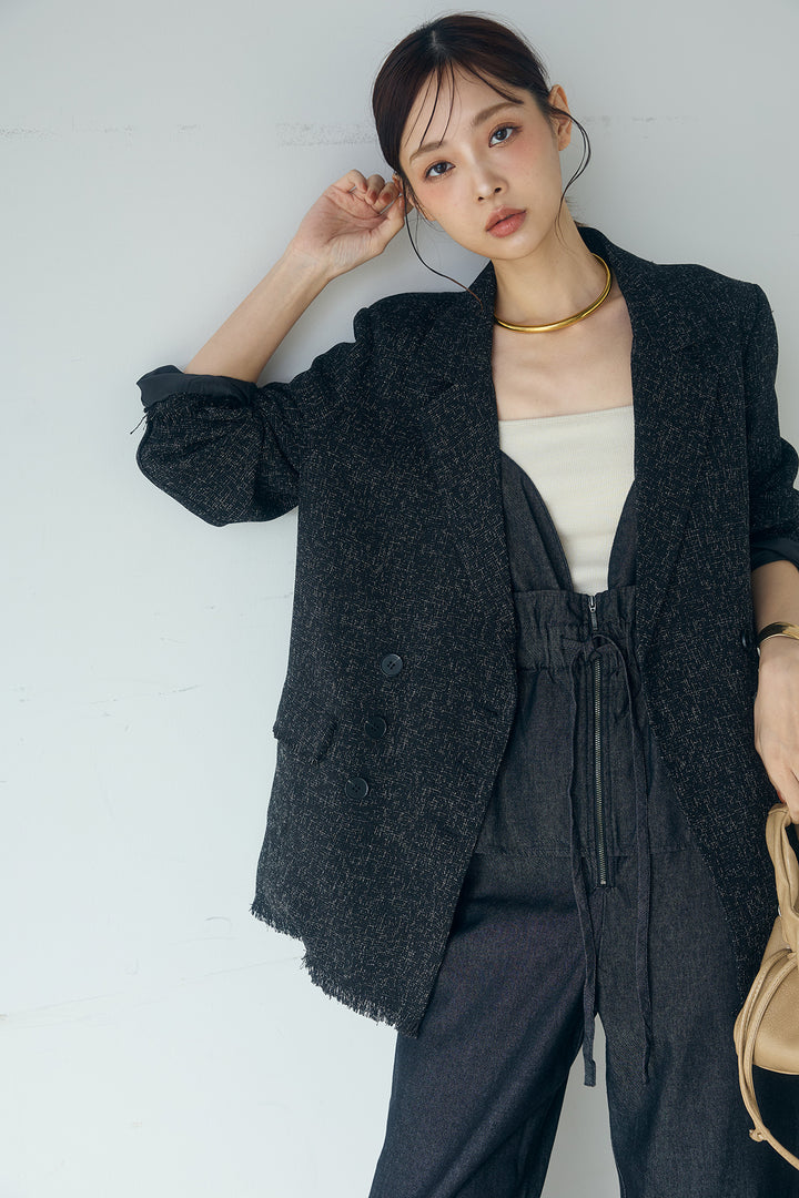 [SET]スラブネップツイードフリンジテーラードジャケット+デニムペプラムコンビネゾン(2set)