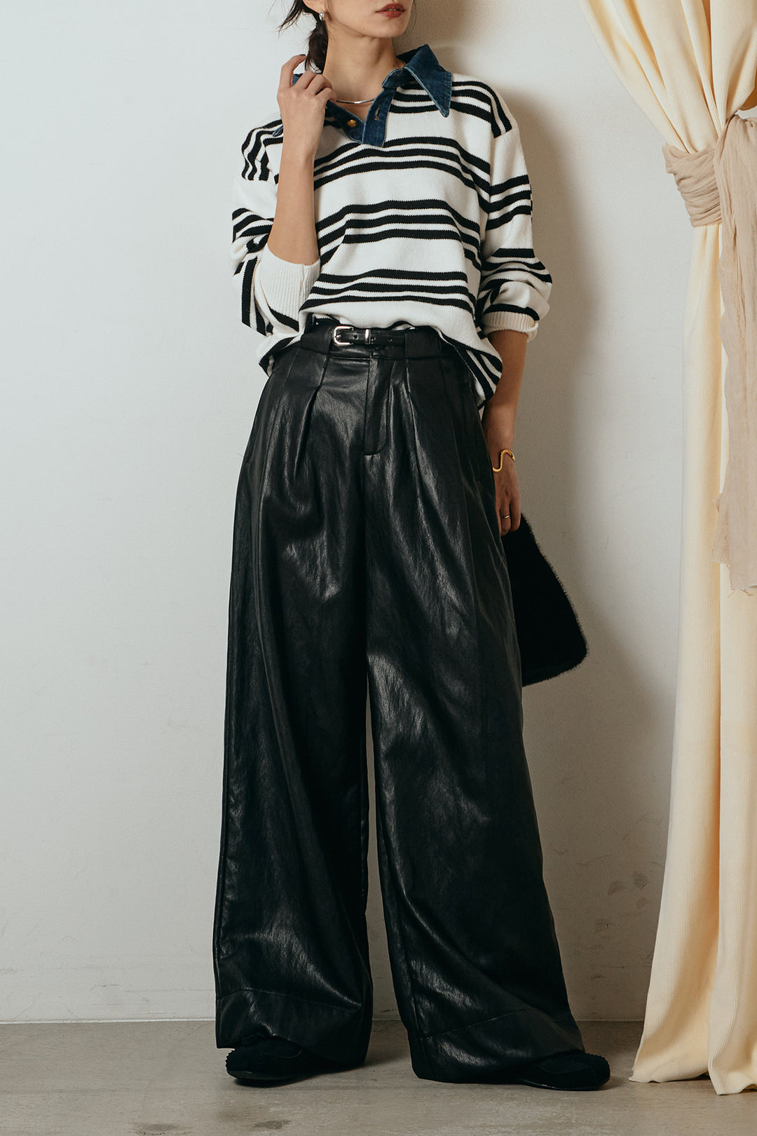 [SET]デニムレイヤード風ランダムボーダーニットプルオーバー+ベルト付きレザーライクタックパンツ(2set)
