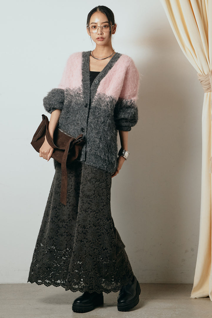 [SET]起毛グラデーションニットカーディガン+花柄刺繍ベロアフレアスカート(2set)