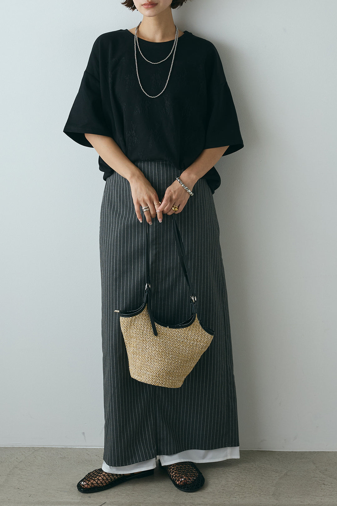 [SET]スクエアレース刺繍Tシャツ+ストライプストレートスカート(2set)