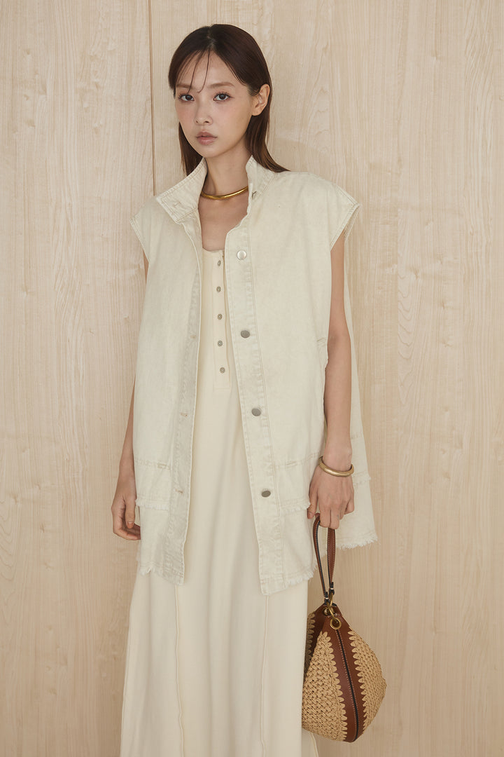 [SET]ケミカルデニムヘムカットオフジレ+ノースリロングワンピース(2set)