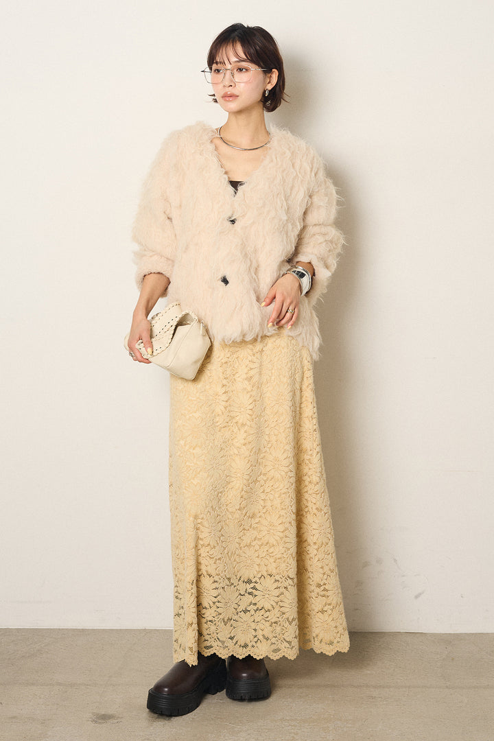 [SET]起毛シャギーニットカーディガン+花柄刺繍ベロアフレアスカート(2set)