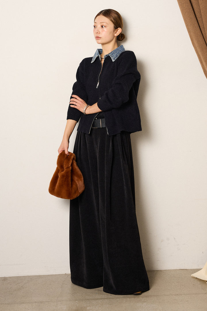 [SET]デニム襟ダブルジップニットトップス+ベルトループコーデュロイワイドパンツ(2set)