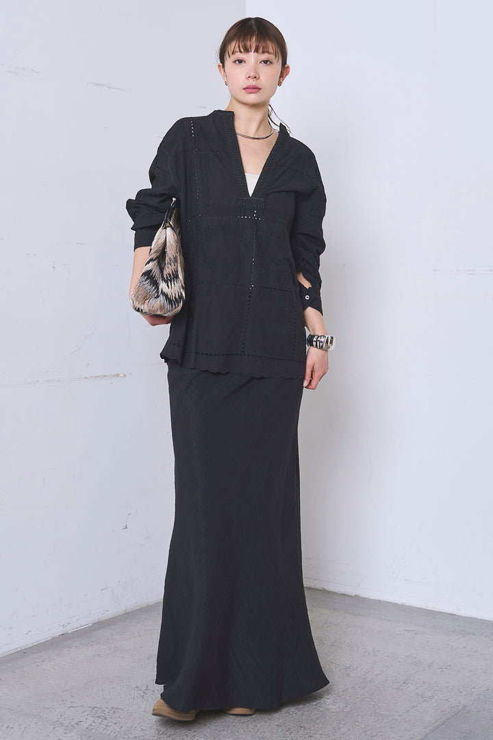 [SET]深V刺繍柄ブラウス+リネンブレンドロングナロースカート(2set)