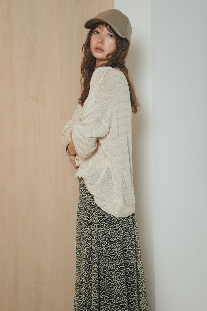 [SET]麻混リラックスニットトップス+リラックスレオパードロングスカート(2set)