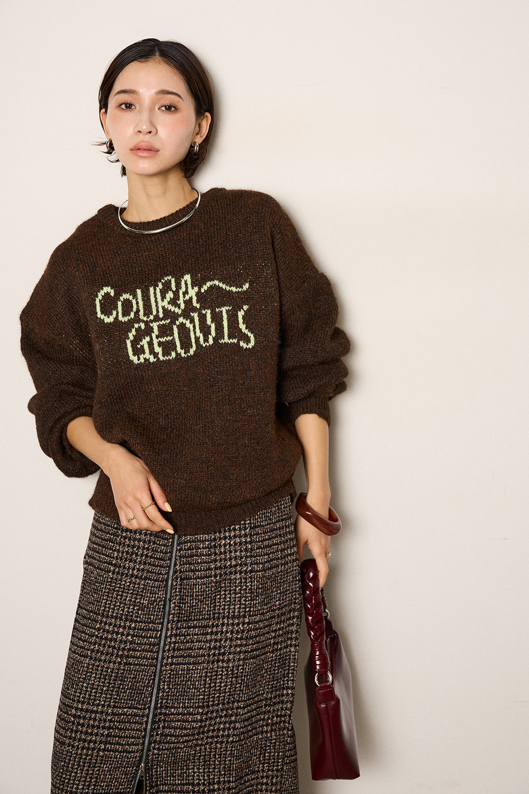 [SET]ロゴシャギーニットプルオーバー+グレンチェック柄フロントジップタイトスカート(2set)