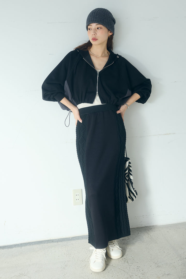 [SET]ドルマンショートフーディー+異素材ドッキングケーブルニットスカート(2set)