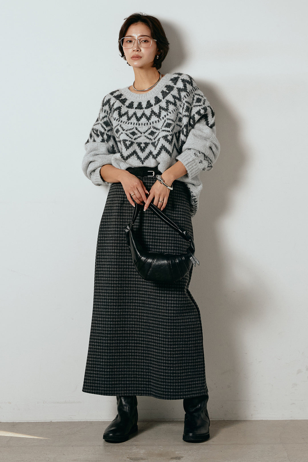 [SET]ノルディック柄Uネックプルオーバー+スエード調ベルト付きチェックナロースカート(2set)
