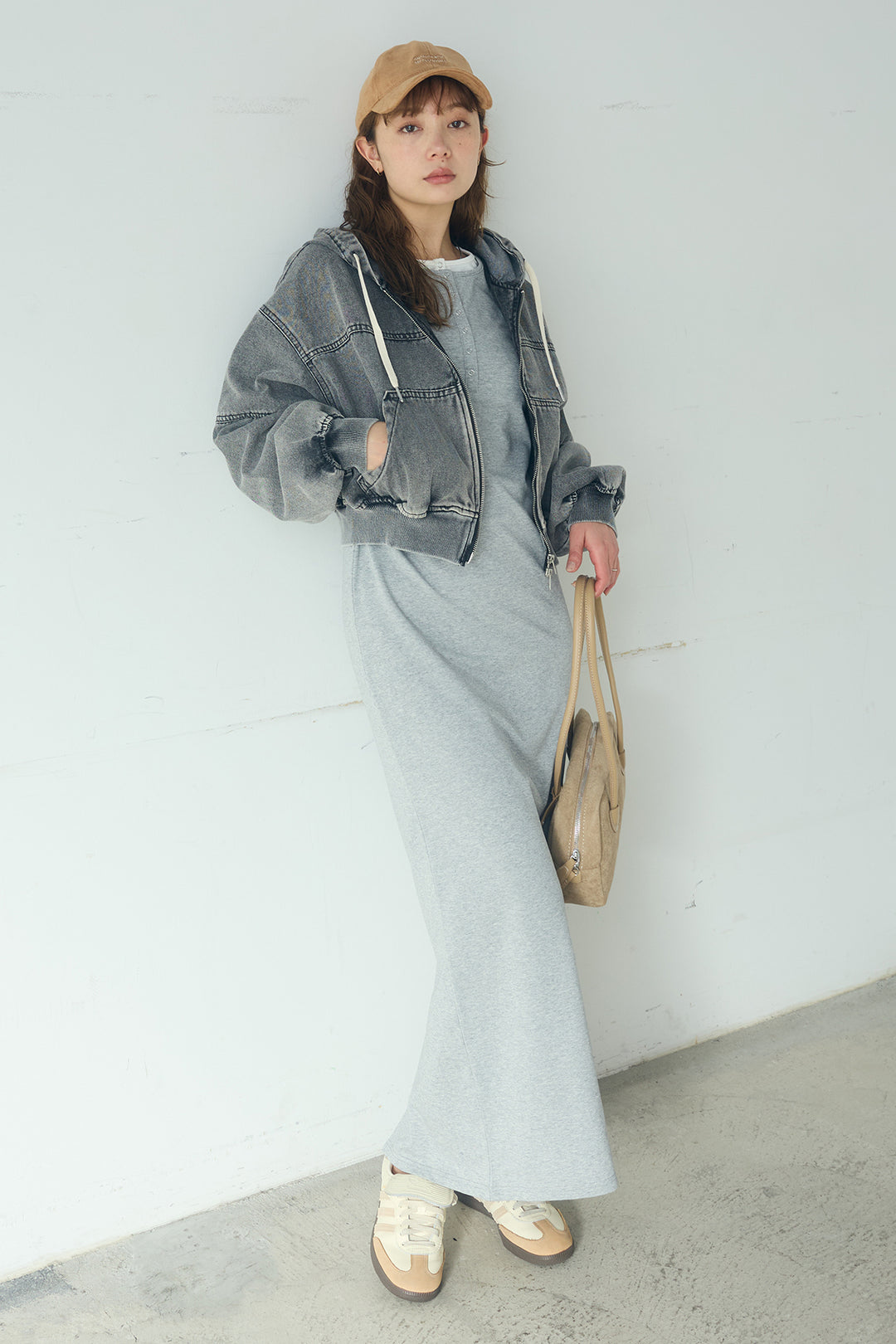 [SET]デニムダブルジップパーカーブルゾン+レイヤード見えヘンリーネックロングワンピース(2set)